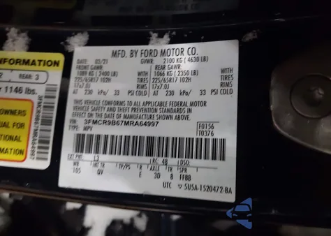 2021 Ford Bronco Sport Big Bend z USA, uszkodzony, nr VIN 3FMCR9B67MRA64997